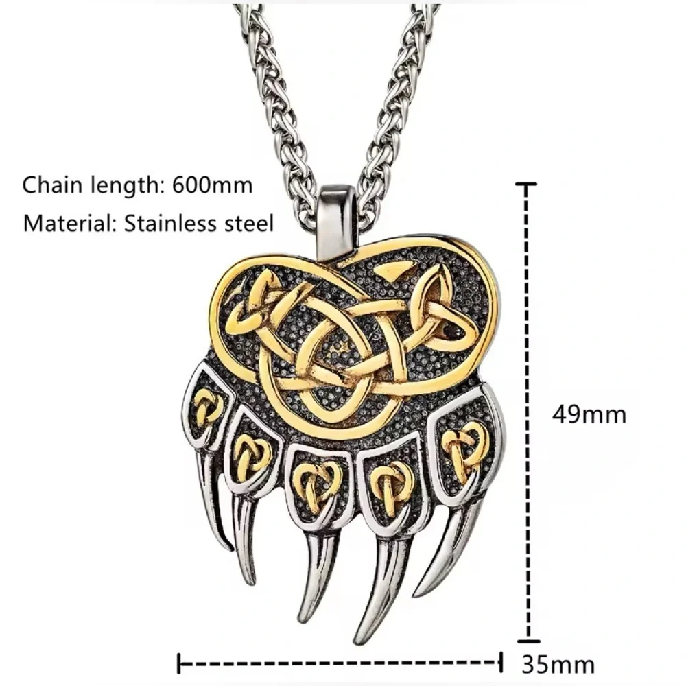 18K White & Gold Bear Claw Viking Celtic Pendant Necklace Witch Biker Unisex.